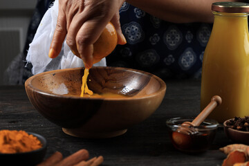 Female Hand Squeeze Turmeric Juice, Making Jamu Kunyit Asem