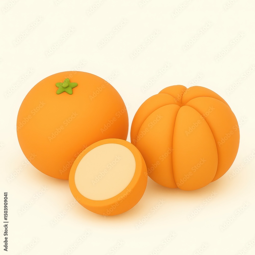 Poster 3d render of two cartoon oranges and a slice on white background