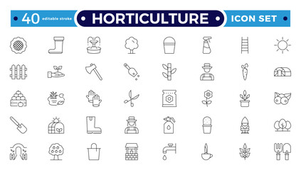 Horticulture Outline Icon Set. Gardening, Plant Growth, Agriculture, Budding Plants, Seeds, Fertilizer, Tools, Cultivation, Greenhouse, Pruning, Harvest, Biotechnology. Editable stroke outline icon.
