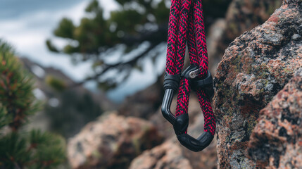 Detailed macro shot of intertwined red rope threaded through sturdy carabiners attached to rough climbing holds, emphasizing safety and precision in rock climbing gear and lifestyl