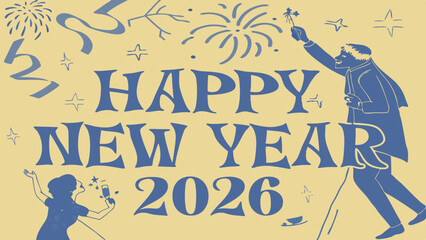 Happy New Year 2026 Celebration Graphics &ndash; Festive Party Scenes, Fireworks & Countdown Fun