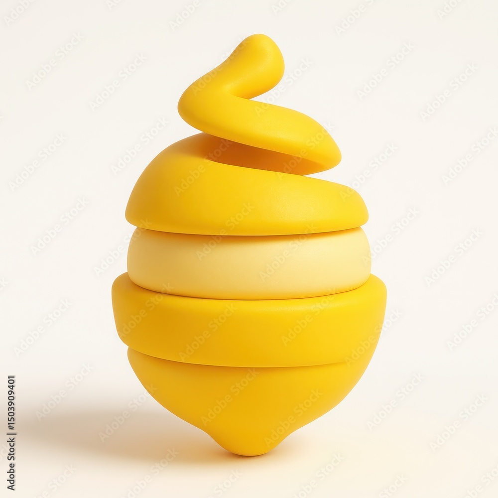 Poster abstract 3d rendering of a yellow lemon shaped object with spiral layers on white background