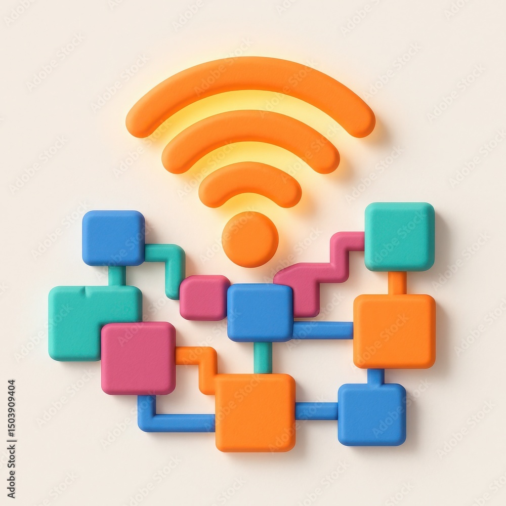 Poster abstract 3d network connection illustration with colorful blocks and wifi signal