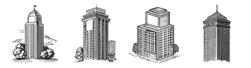 Obraz premium Historic City Skyline Illustrations in Black and White Style, vintage retro hipster logo design, vector illustration, engraving design