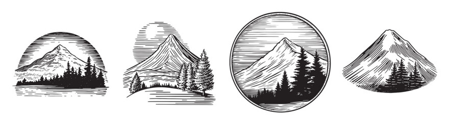 Black and White Mountain Landscape Illustrations in Various Styles, vintage retro hipster logo design, vector illustration, engraving design