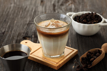 Dirty Latte Coffee,  A Glass of Espresso Shot Mixed with Cold Fresh Milk