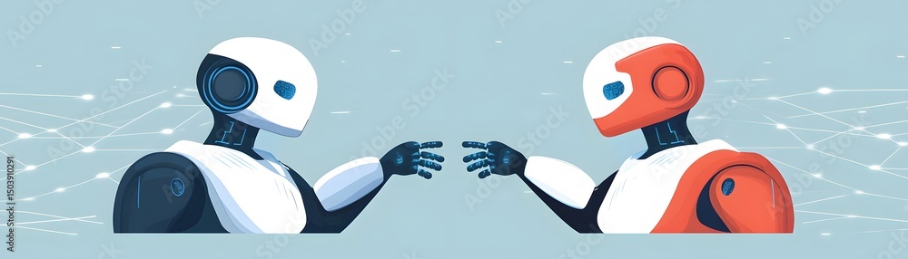 Poster two advanced robots reaching out to connect, symbolizing the relationship between humans and artific