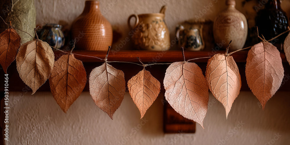 Poster a shelf with a bunch of leaves hanging from it. the leaves are of different sizes and colors, and th