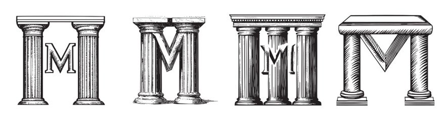 Vintage Architectural Columns with Letter M Design Elements, Set Logo design, Vector Illustration, Engraving style