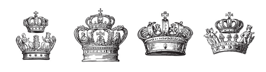 One Crown Set with Vintage Designs for Royalty and Nobility, Set Logo design, Vector Illustration, Engraving style