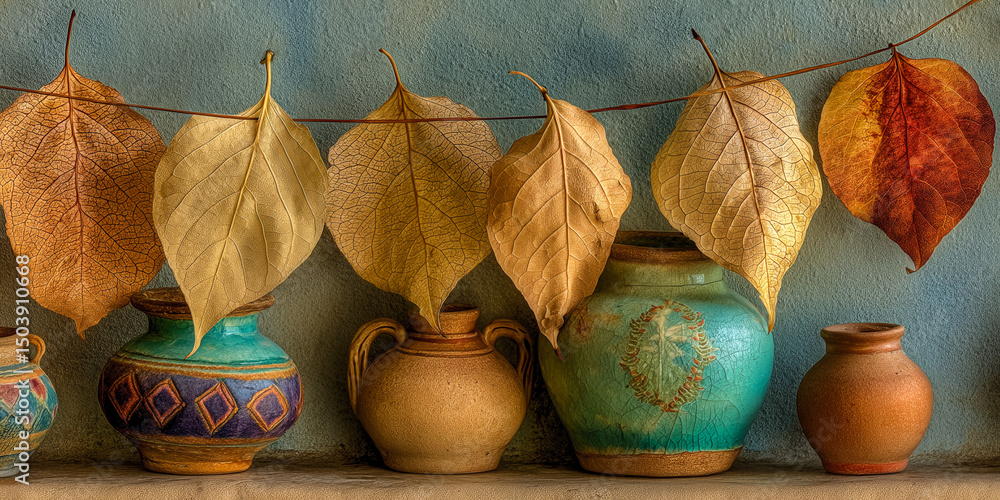 Poster a collection of vases and leaves are displayed on a shelf. the vases are of different shapes and siz