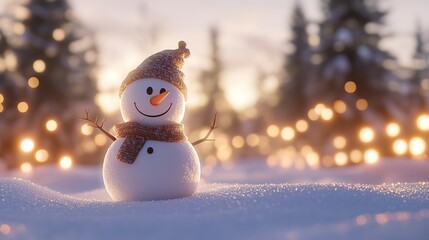 Obraz premium Happy Snowman with Christmas Lights in Winter Landscape
