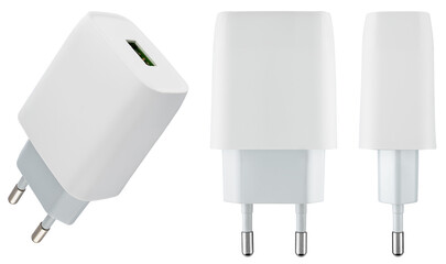 Modern charger with USB port, close-up on white background