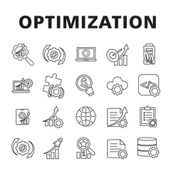Optimization icon set. Database, workflow, SEO, Network, Digital Marketing, etc. Symbol for Process, automation, productivity. Line design style