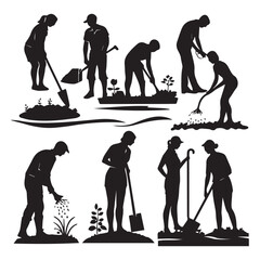 set of black various gardening people vector silhouettes isolated on white background
