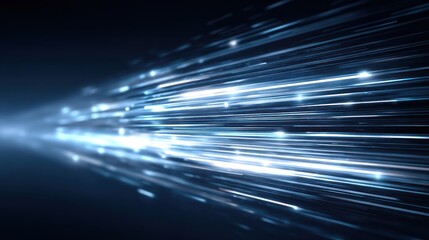 The speed of connectivity, and data transfer in the context of technology is a set of fast-moving lines or beams of light as bits of data move through fiber optic cables.