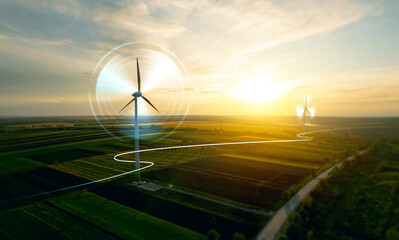 Digital graphic work on green energy power production.Renewable energy design.Windmill and graphic diagram of air currents that produce green energy. Green energy power production it is future.	
