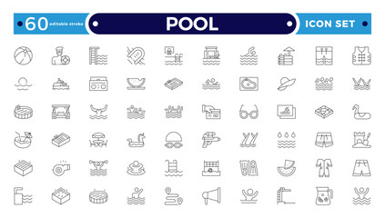 Pool Outline Icon Set. Swimming, Recreation, Water, Beach, Vacation, Summer Fun, Swim Gear, Umbrella, Goggles, Poolside Relaxation, Sports, Liquid, Waves, Leisure. Editable stroke outline icon.