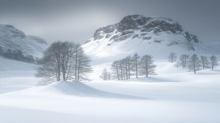Naklejka premium Snowy Winter Landscape with Trees Mountain in Background Calm and Serene Scene