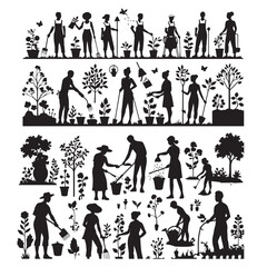 set of black various gardening people vector silhouettes isolated on white background