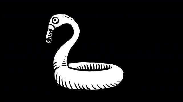 White inflatable flamingo turning isolated on black background 2d loopable hand drawn animation