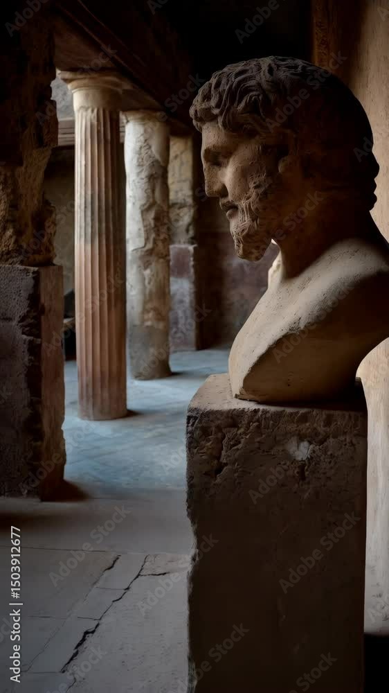 Poster Classical style bust with beard on crumbling base in aged building with pillars and stone walls conveys ancient history.