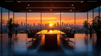 Fototapeta premium Minimalist office meeting space with glass table, lounge chairs, and soft ambient lighting.