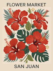 Abstract Flower Market San Juan poster. Trendy botanical wall art with hibiscus floral design in retro 70s colors. Modern naive groovy funky interior decoration, painting. Vector art illustration
