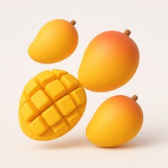 Floating Yellow and Orange Mangoes 3D Render on White Background