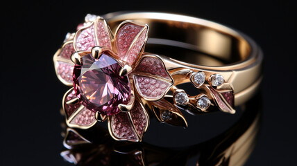 Elegant Gold Ring with Pink Gemstone and Diamond Accents on Black