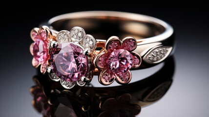 Fototapeta premium Elegant Flower Ring with Pink Gemstones and Diamonds on Reflective Surface