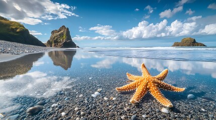 Tide pools with starfish and seashells on a sunny day