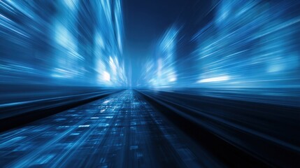 The speed of connectivity, and data transfer in the context of technology is a set of fast-moving lines or beams of light as bits of data move through fiber optic cables.