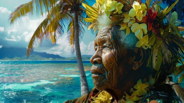 Elderly islander wearing floral crown gazes at ocean under bright sky in tropical paradise