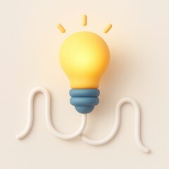 Illuminated Yellow Lightbulb with White Cord on Beige Background 3D Render