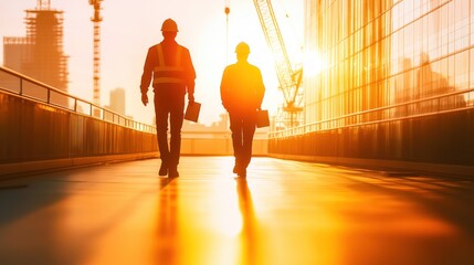 Silhouette of construction workers in the background of a tall building under construction and a towering construction crane.