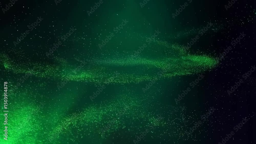 Poster abstract visualization of swirling green particles floating in dark space, creating a luminous galac