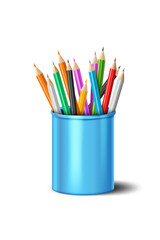 color pencils in blue cup isolated on the white background.education and school concept clip art design element vector illustration.