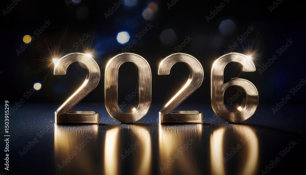 Poster golden 2026 metallic numbers with reflective floor and sparkling bokeh lights for new year celebrati