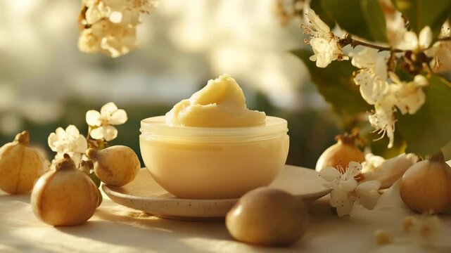 A bowl of cream sits on a table with a bunch of flowers and a few other items. The bowl is filled with a creamy substance, and the flowers are arranged around it. Concept of relaxation and indulgence