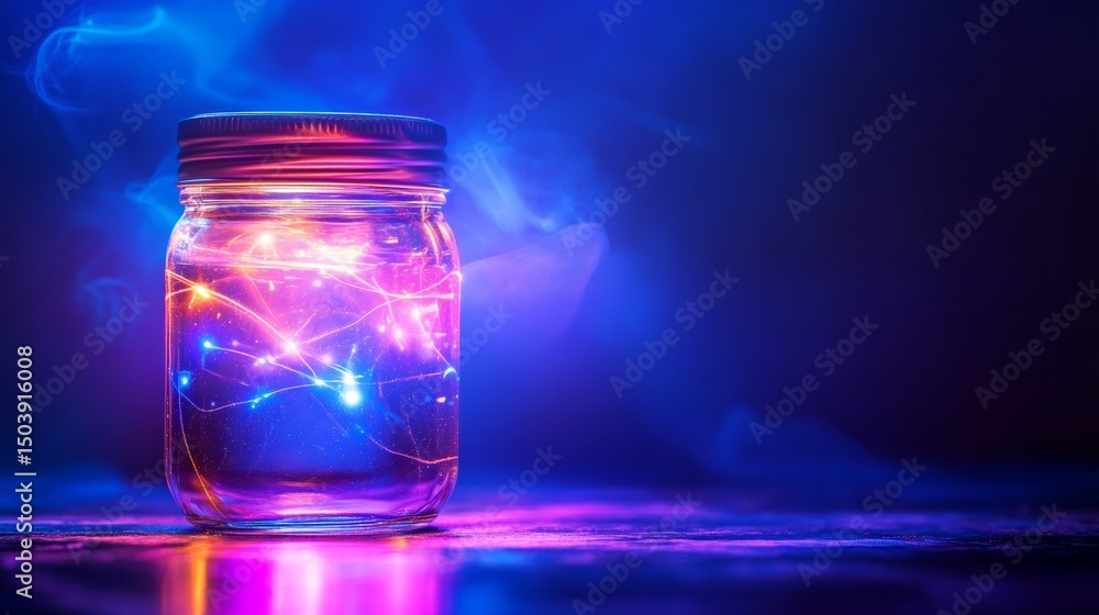 Poster glowing jar with vibrant light strings, abstract background with ethereal glow