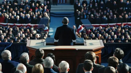 Large crowd gathers for a formal address at a significant event outdoors, showcasing important figures and a prominent speaker under clear skies