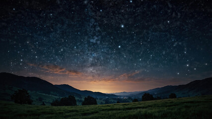 山の向こうに見える星空、夜景