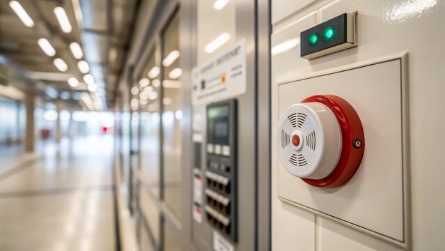 Fire alarm, alert and installation concept. Fire alarm system in a modern building corridor.