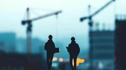 Silhouette of construction workers in the background of a tall building under construction and a towering construction crane.