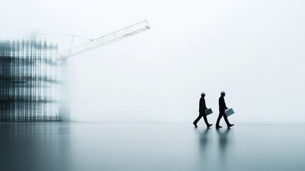 Silhouette of construction workers in the background of a tall building under construction and a towering construction crane.