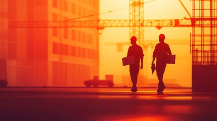 Silhouette of construction workers in the background of a tall building under construction and a towering construction crane.