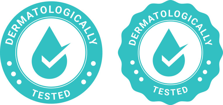 dermatologically tested badges in blue color with check mark and water drop icon for skin safe product labels	