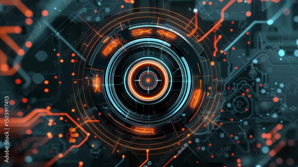 Poster dynamic circular motion with glowing elements in a high-tech setting showcasing intricate connection