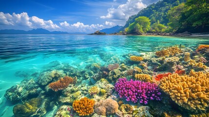 Vibrant coral reef seen from above a clear beach shore